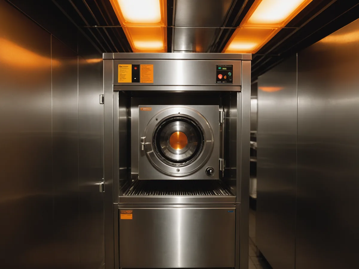Interior of Cook-e cabinet showing vision camera lens at top and warm heating element glow